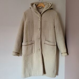 Vintage Women's Wool Blend Oatmeal Beige Tweed Hooded Duffle Coat Jacket Size 10